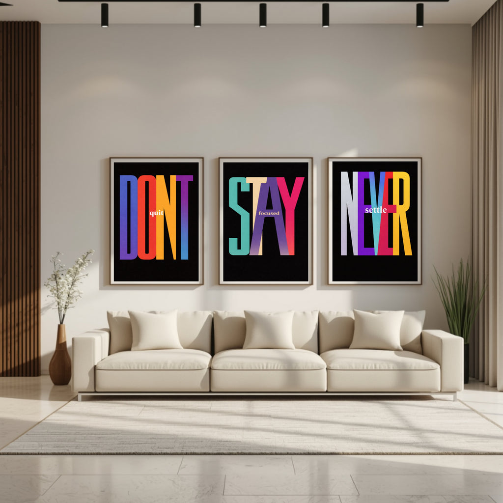 Never Settle Stay Focused Don’t Quit Wall Art Set Colorful Motivational Typography Prints 13x19 Laminated