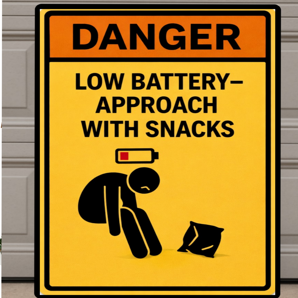 Funny Low Battery Warning Sign Approach With Snacks Humor Door Sign 13x19 Laminated Weather Sealed Wall Art