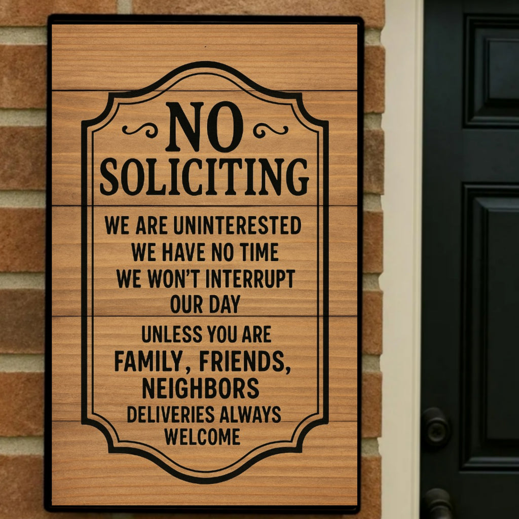No Soliciting Door Sign – Laminated or Framed Front Door Warning | Rustic Wood Style Home Entry Sign