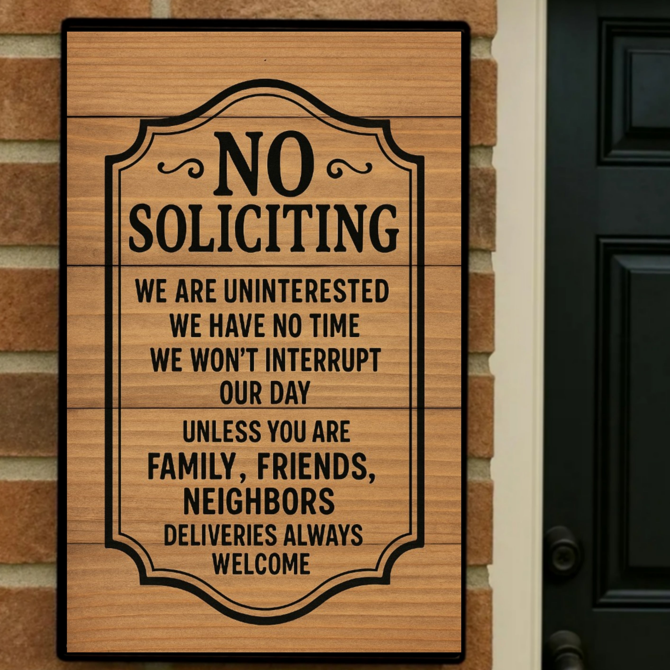 No Soliciting Door Sign – Laminated or Framed Front Door Warning | Rustic Wood Style Home Entry Sign