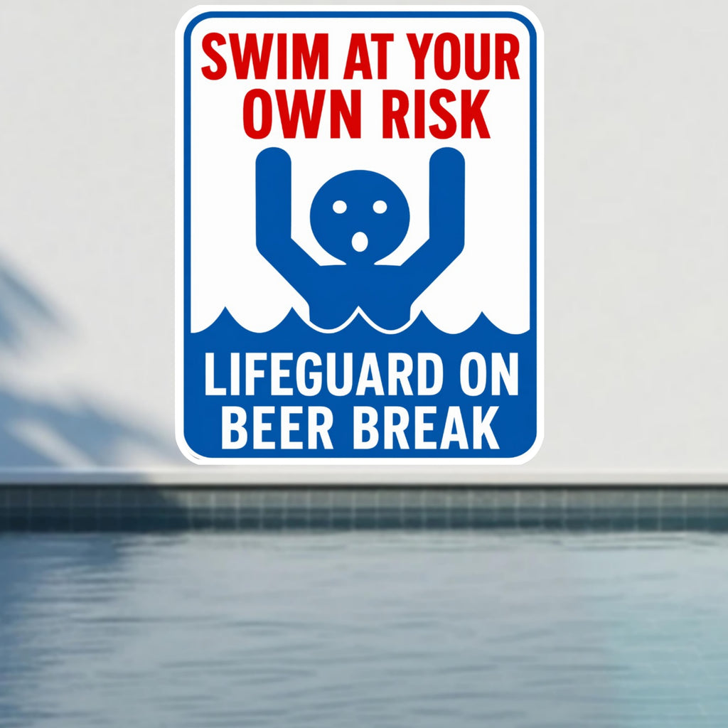 Swim At Your Own Risk Lifeguard On Beer Break Funny Pool Sign 13x19 Laminated Pool Decor Backyard Pool Rules Sign