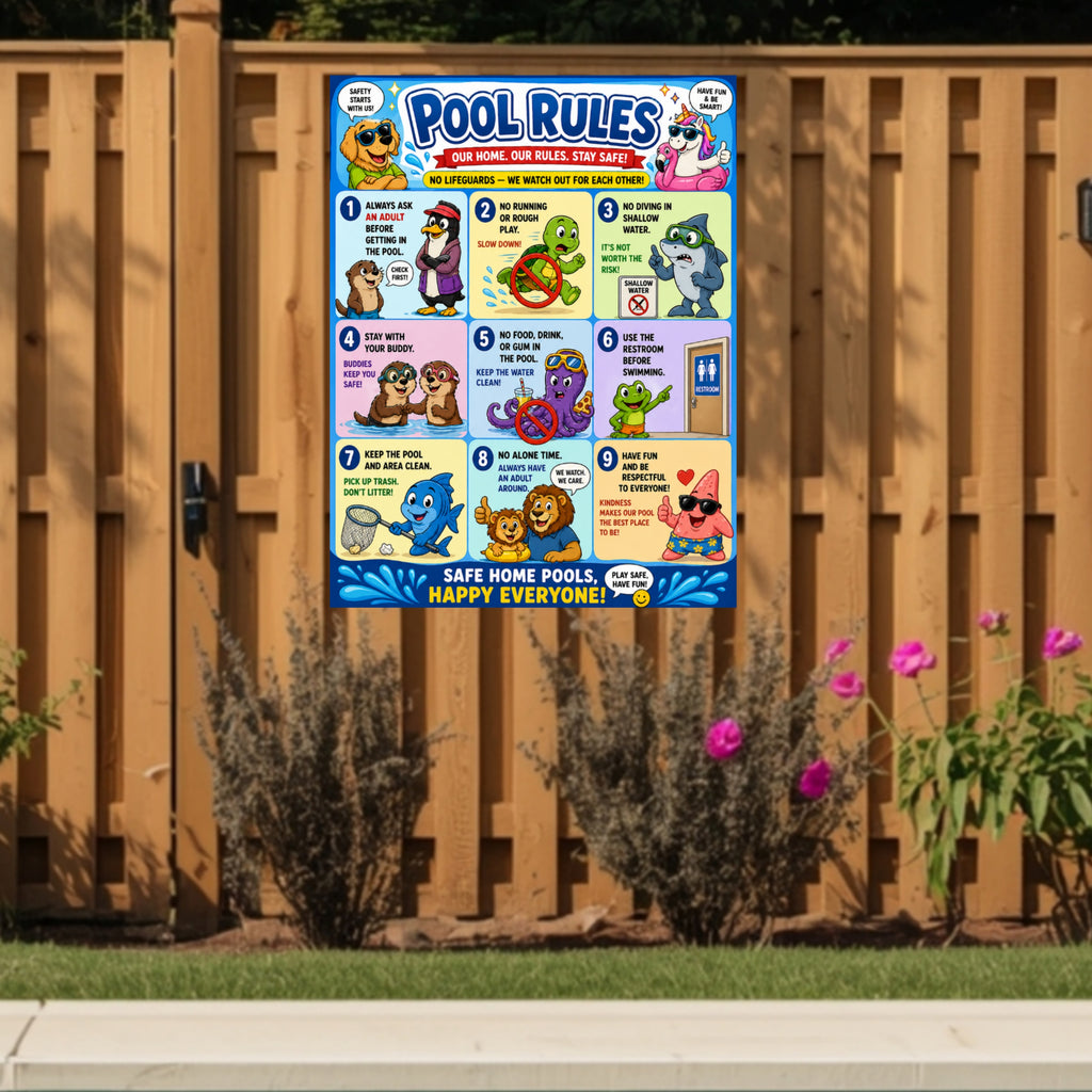 Kids Pool Rules Sign 13x19 Laminated Pool Safety Poster Cartoon Swimming Rules Decor Backyard Family Pool Wall Art