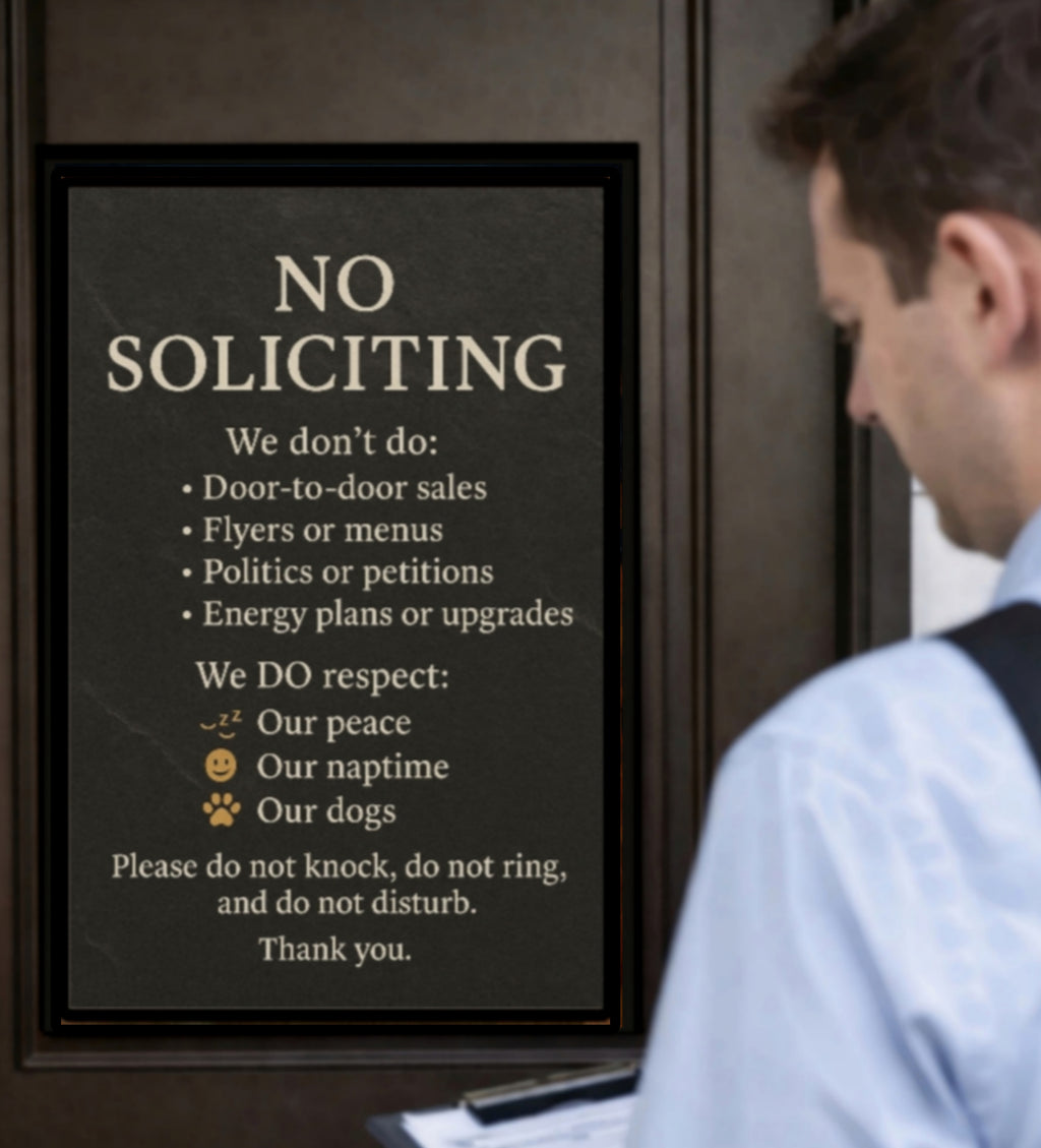 Elegant No Soliciting Sign – Respect Our Peace Door Sign  Modern Minimalist Home Entry Decor (13x19 & 8x9)