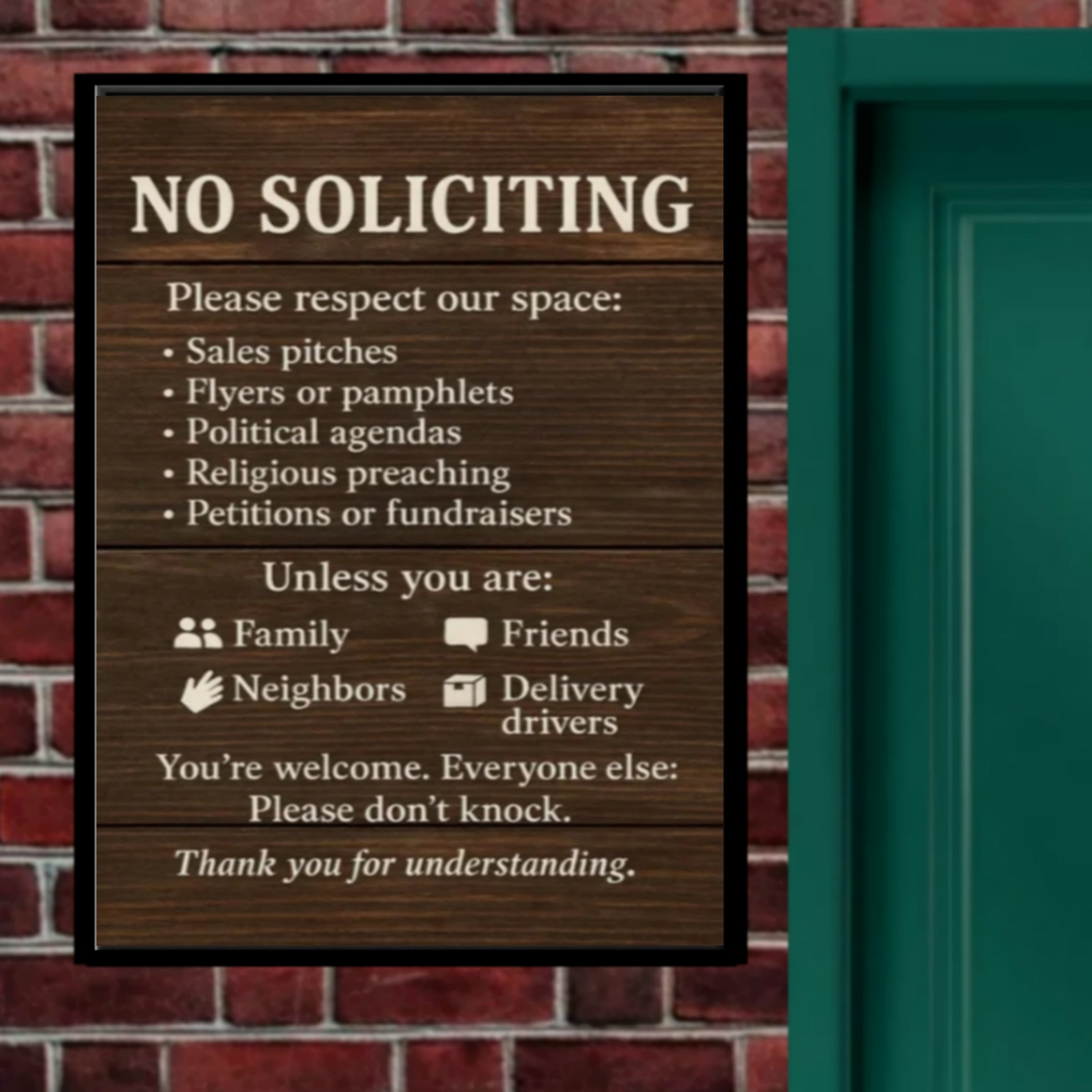 No Soliciting Door Sign – Funny Front Door Warning | Rustic Wood Style Home Entry Sign 13x19in Laminated or Framed