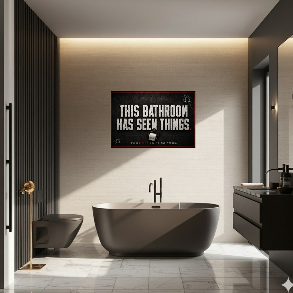 This Bathroom Has Seen Things Funny Bathroom Sign 13x19 Laminated Dark Humor Restroom Decor Gothic Bathroom Wall Art
