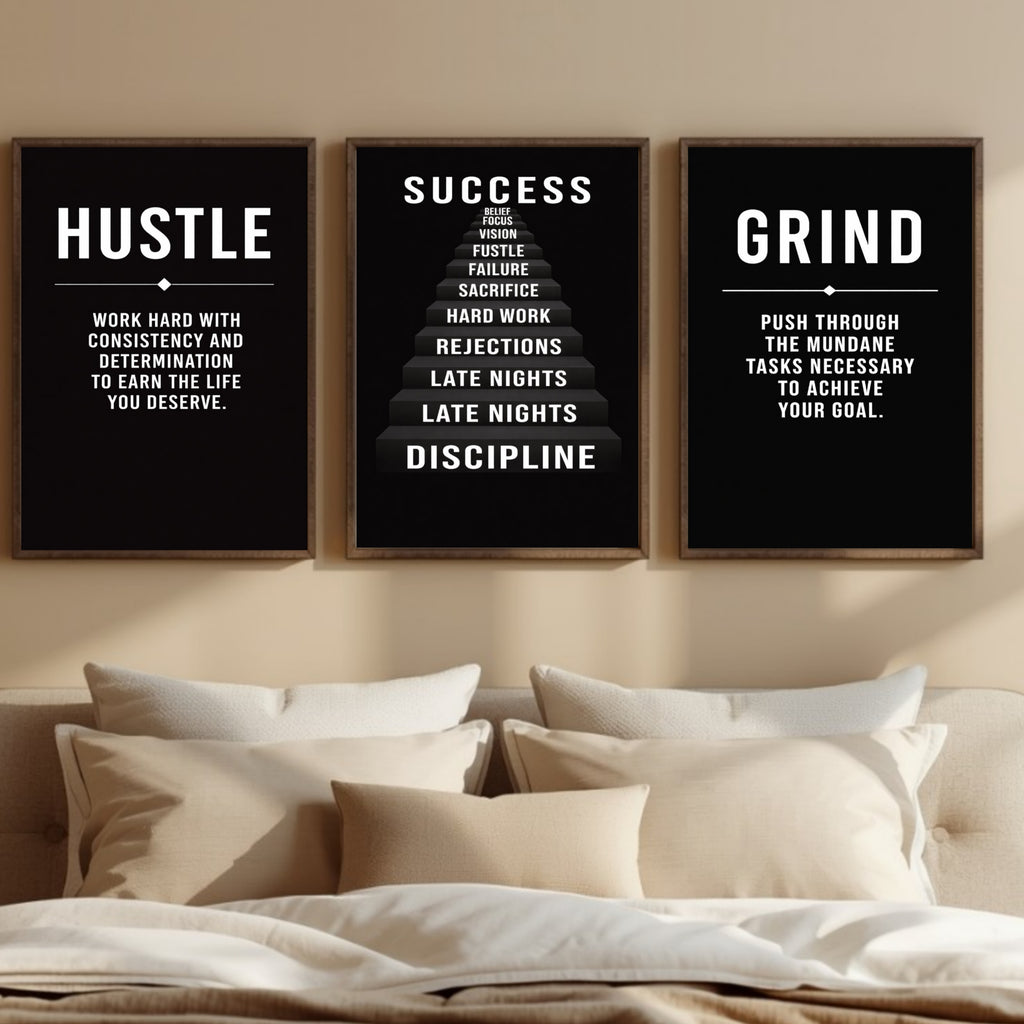Hustle Success Grind Wall Art Set Motivational Posters Black Office Decor Entrepreneur Mindset Prints 13x19  Laminated