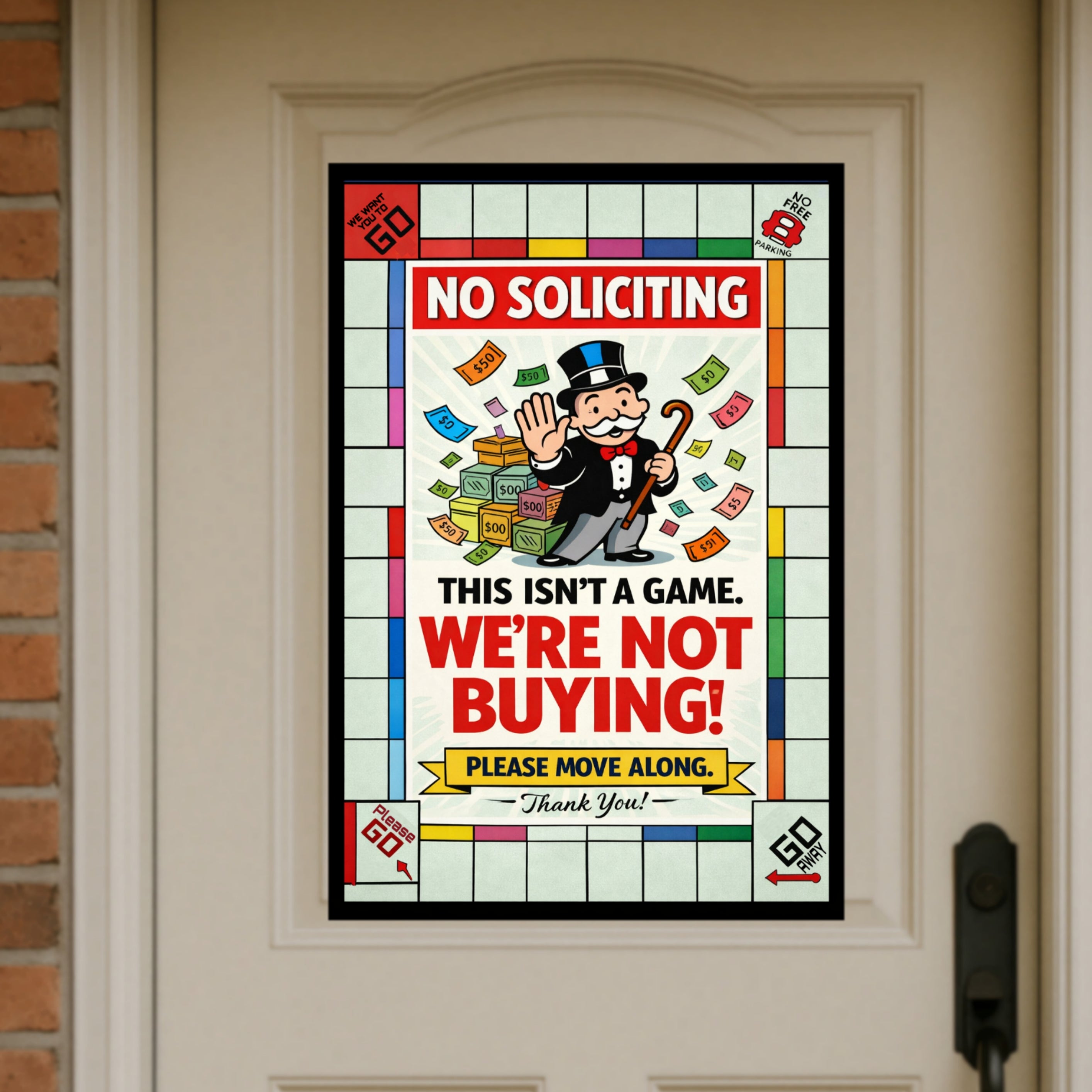 No Soliciting Monopoly Sign We’re Not Buying Please Move Along 13x19 Laminated Funny Door Sign No Salesmen Home Security Decor