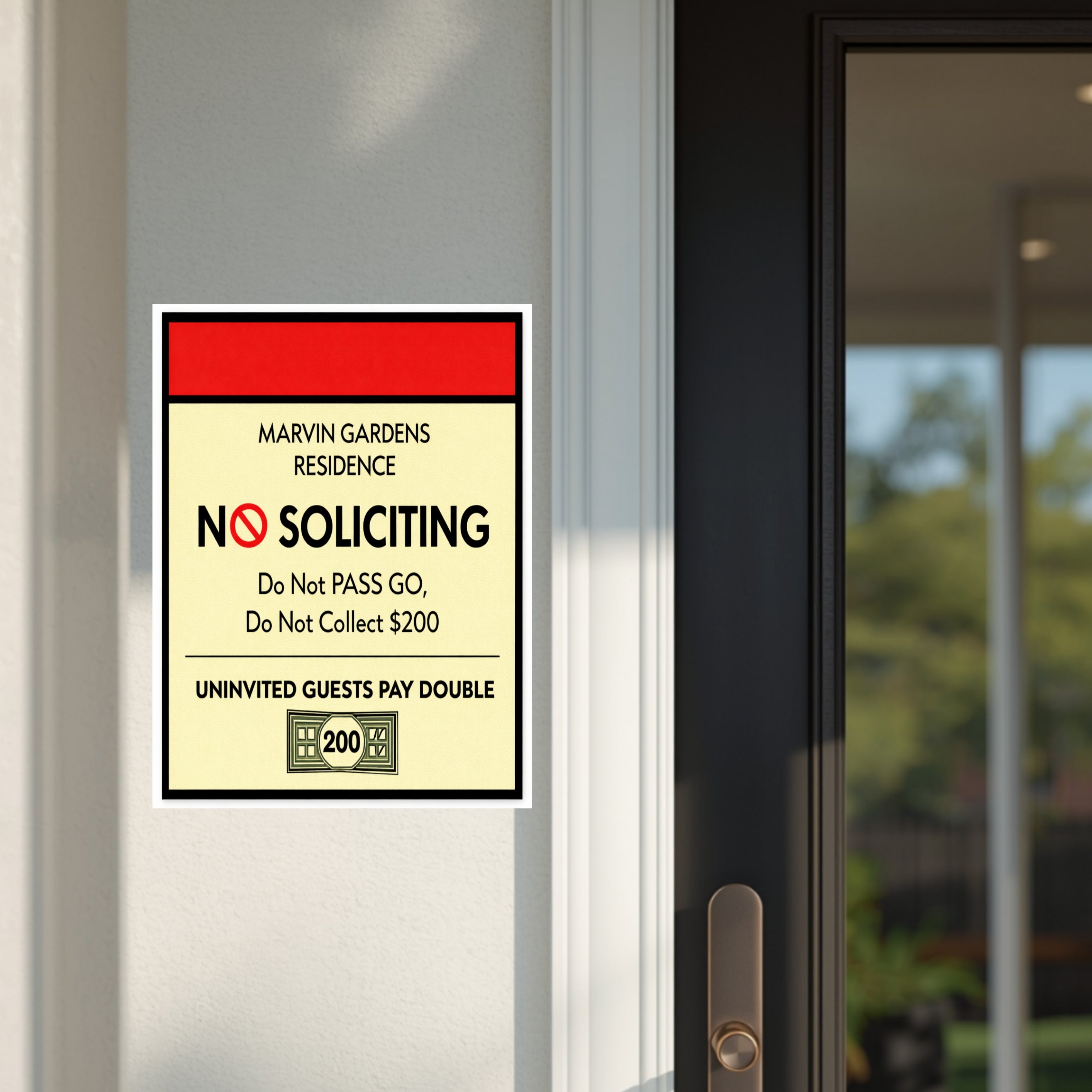 Marvin Gardens No Soliciting Sign – Monopoly Style Door Sign | “Do Not Pass Go, Do Not Collect $200” | Funny Entry Sign