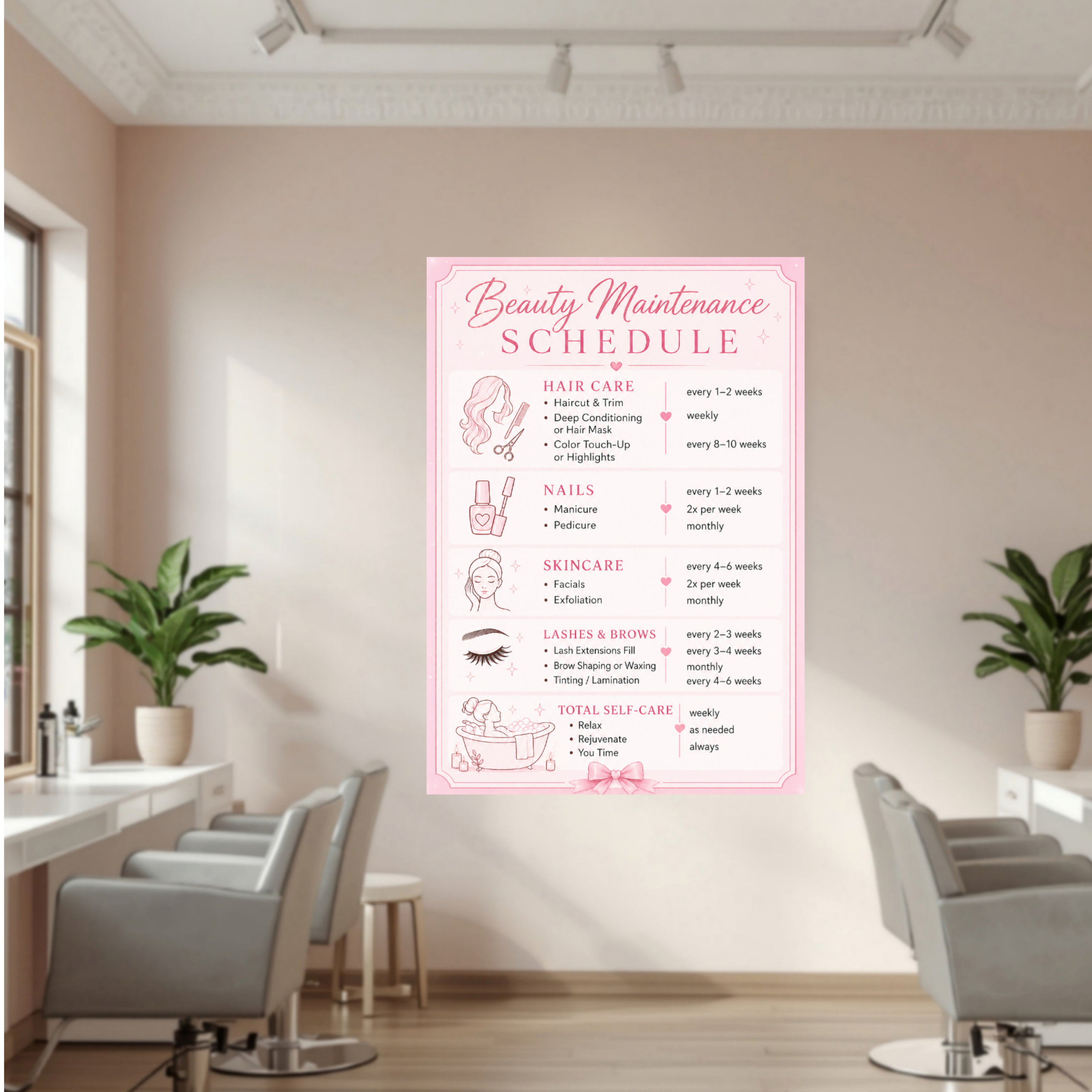 Personalized Beauty Maintenance Schedule Sign | Pink Self Care Wall Decor | Custom Beauty Routine Poster | Girly Bathroom Decor | Laminated Print