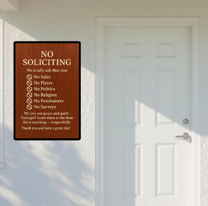 Elegant No Soliciting Sign – Polite Door Sign with Rules – 13x19 Laminated Front Door Notice – No Sales No Flyers No Politics