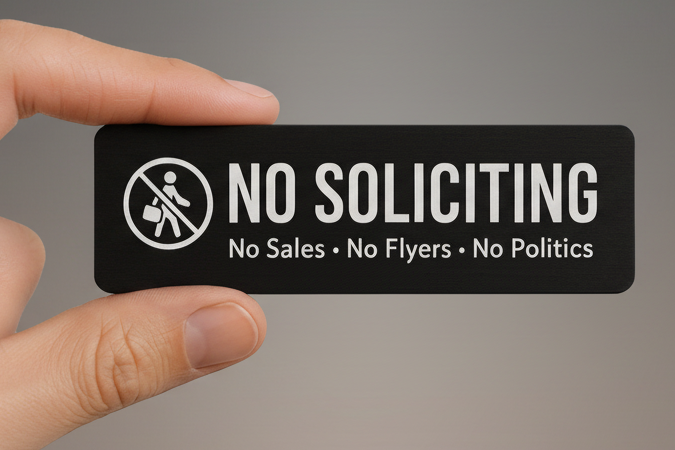 No Soliciting Sign Modern Door Sign  4x6in Laminated Aluminum Backing backing Home Security Warning Sign Minimalist Decor