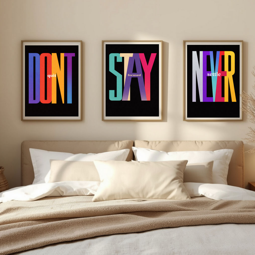 Never Settle Stay Focused Don’t Quit Wall Art Set Colorful Motivational Typography Prints 13x19 Laminated