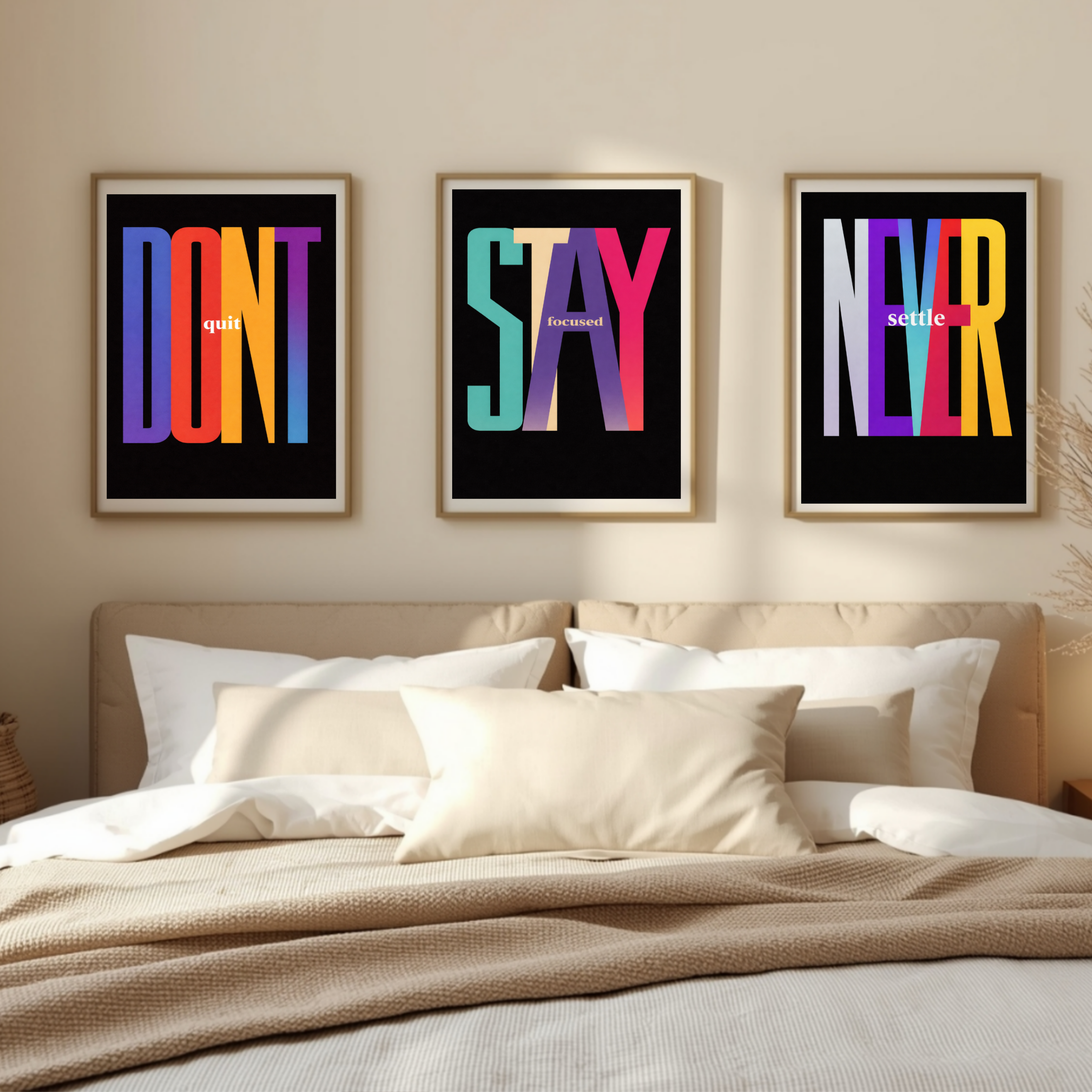 Never Settle Stay Focused Don’t Quit Wall Art Set Colorful Motivational Typography Prints 13x19 Laminated