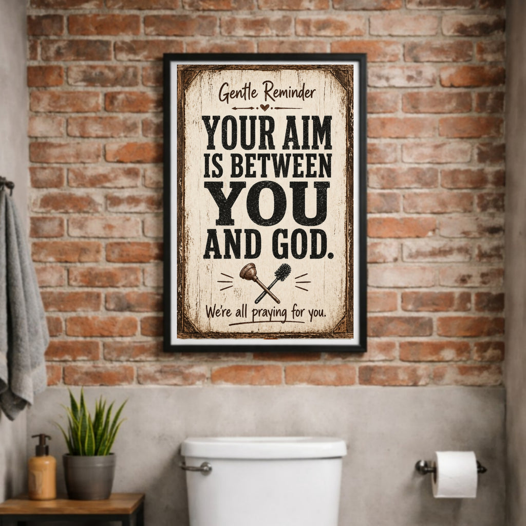 Funny Bathroom Sign – "Your Aim Is Between You And God" | 13x19 Laminated Rustic Farmhouse Wall Art