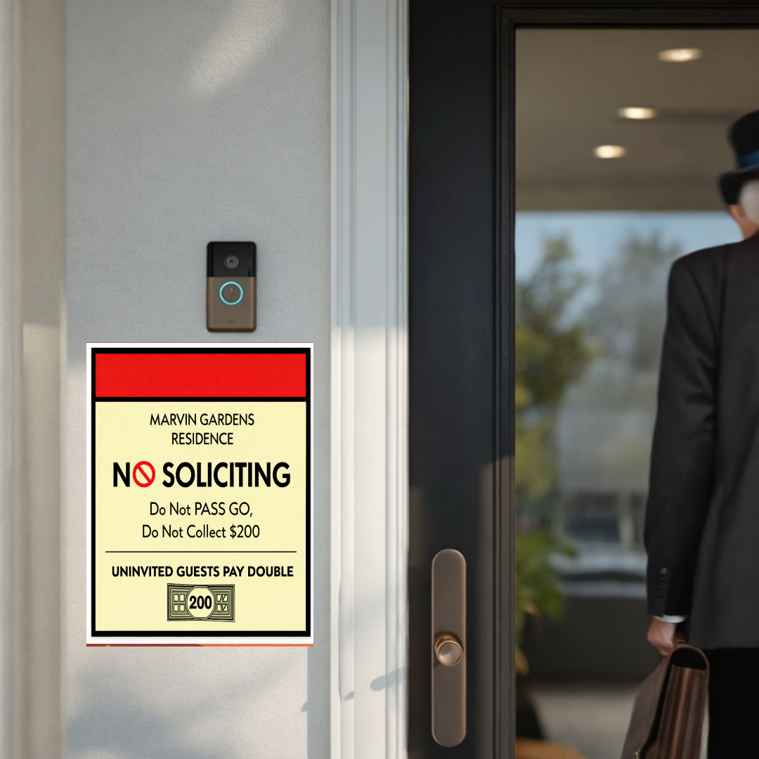 Marvin Gardens No Soliciting Sign – Monopoly Style Door Sign | “Do Not Pass Go, Do Not Collect $200” | Funny Entry Sign