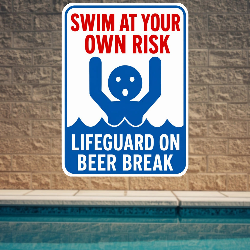 Swim At Your Own Risk Lifeguard On Beer Break Funny Pool Sign 13x19 Laminated Pool Decor Backyard Pool Rules Sign