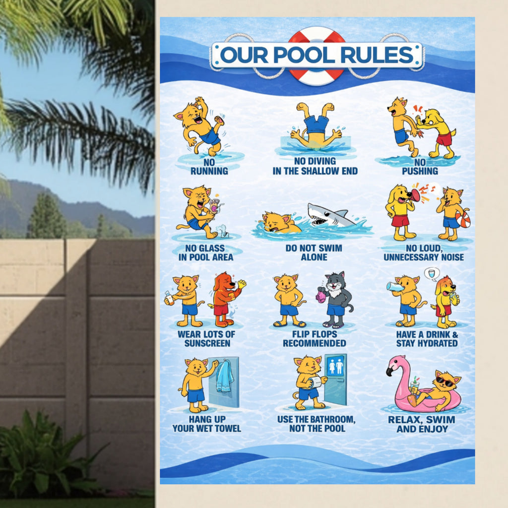 Pool Rules Sign 13x19 Laminated Funny Pool Safety Poster Kids Pool Rules Sign Backyard Pool Decor Family Pool Sign