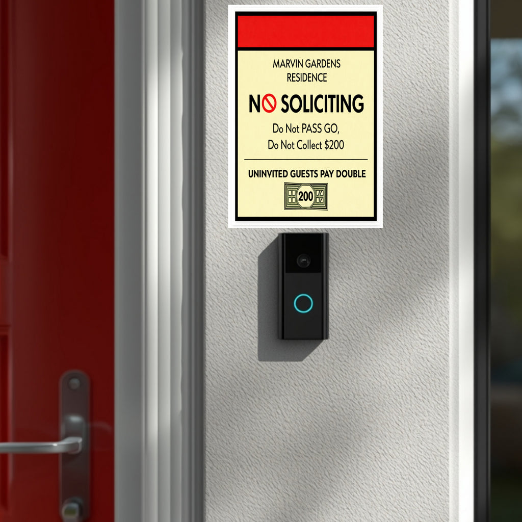 Marvin Gardens No Soliciting Sign – Monopoly Style Door Sign | “Do Not Pass Go, Do Not Collect $200” | Funny Entry Sign