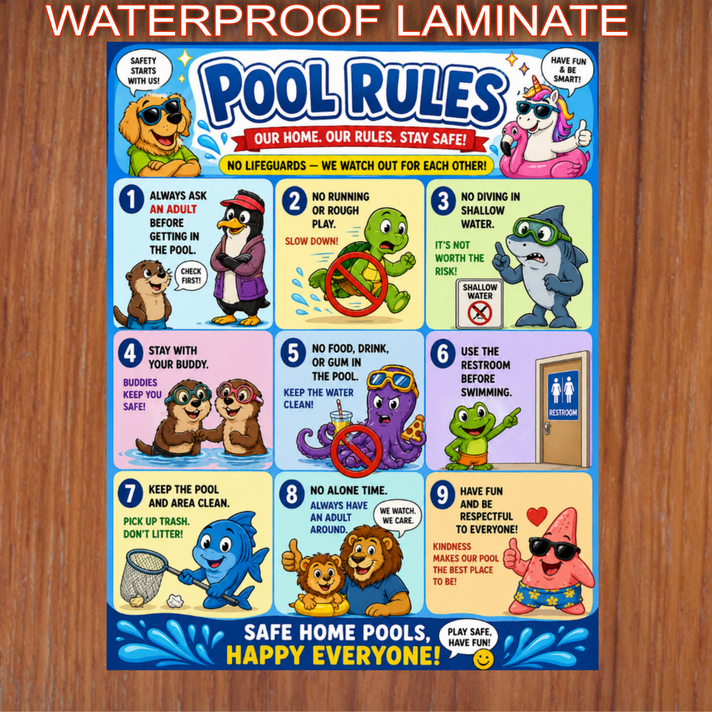Kids Pool Rules Sign 13x19 Laminated Pool Safety Poster Cartoon Swimming Rules Decor Backyard Family Pool Wall Art