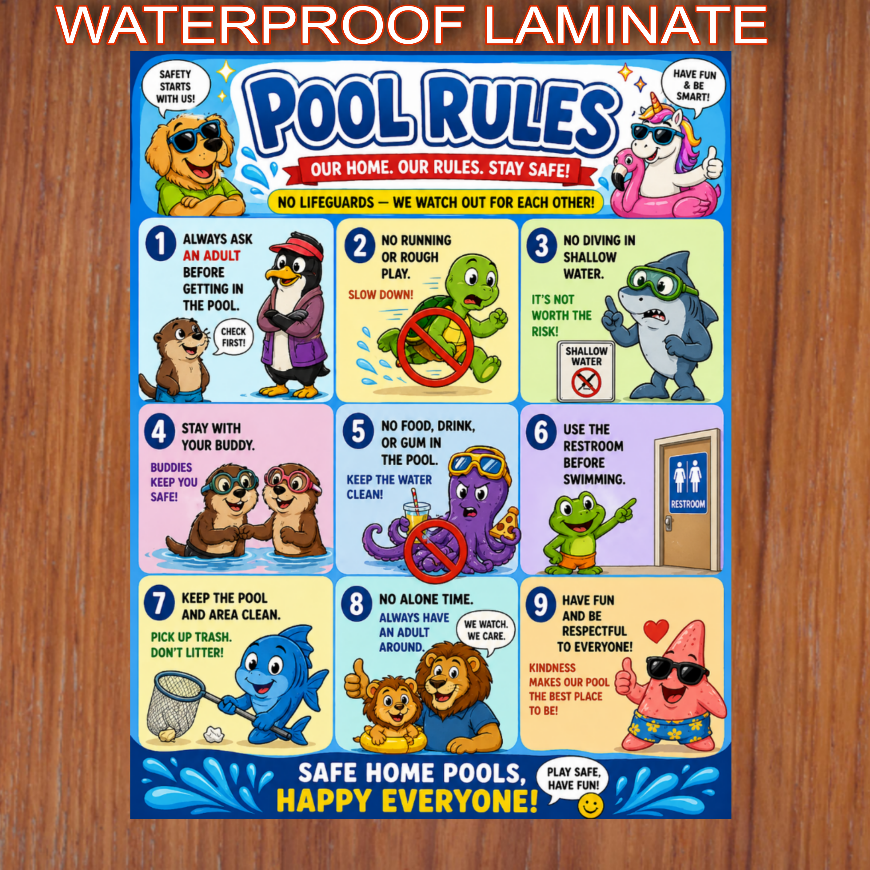 Kids Pool Rules Sign 13x19 Laminated Pool Safety Poster Cartoon Swimming Rules Decor Backyard Family Pool Wall Art