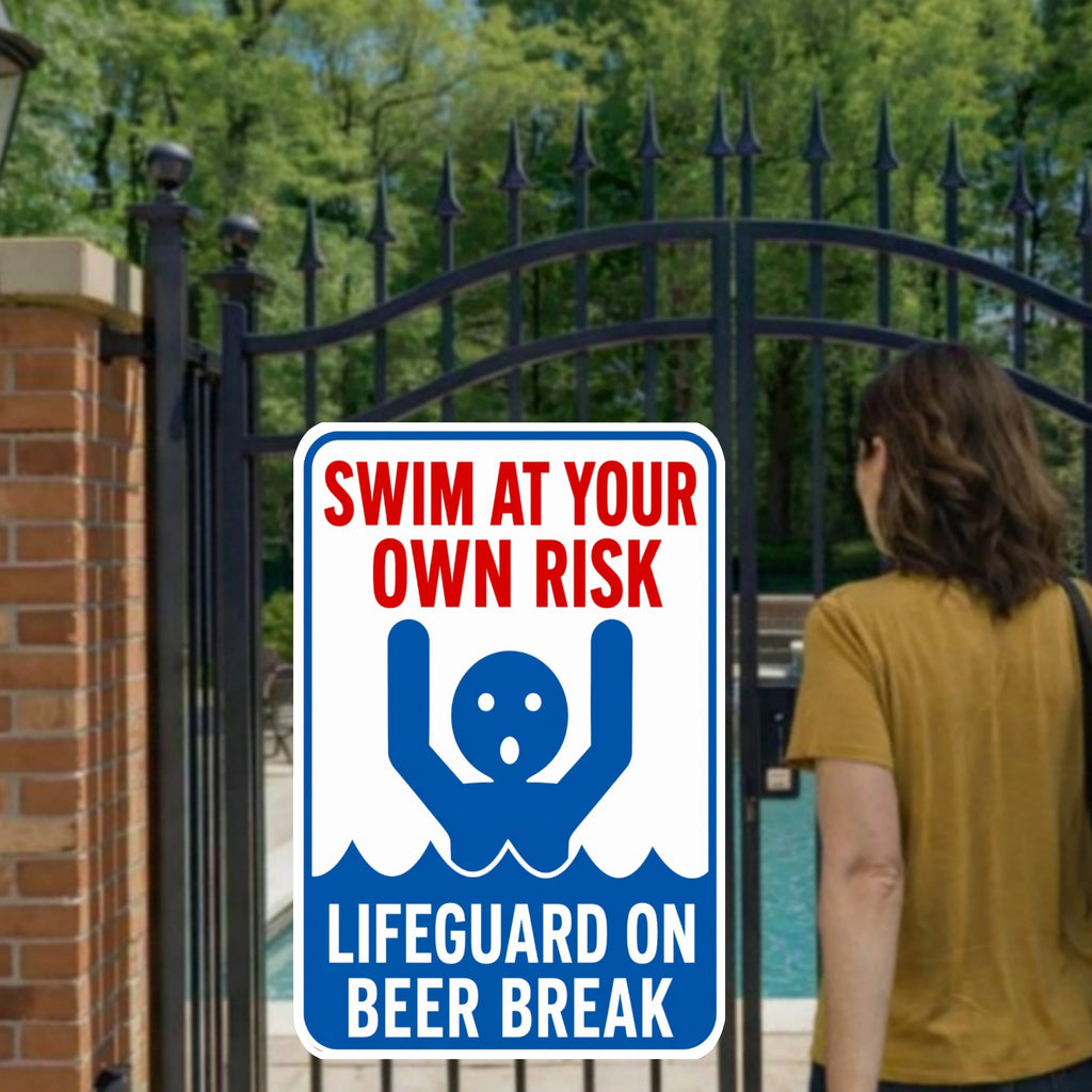 Swim At Your Own Risk Lifeguard On Beer Break Funny Pool Sign 13x19 Laminated Pool Decor Backyard Pool Rules Sign