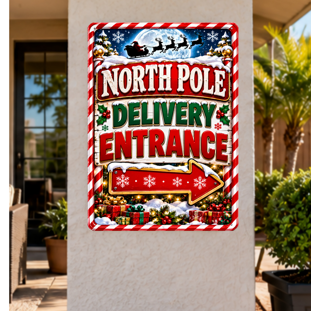 North Pole Delivery Entrance Sign, 13x19 Laminated Santa Christmas Holiday Decor