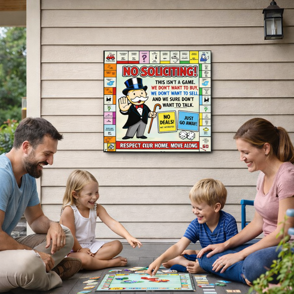 Funny No Soliciting Monopoly Style Sign We Don’t Want To Buy Or Sell 12x12in Laminated Door Sign Home Protection Decor