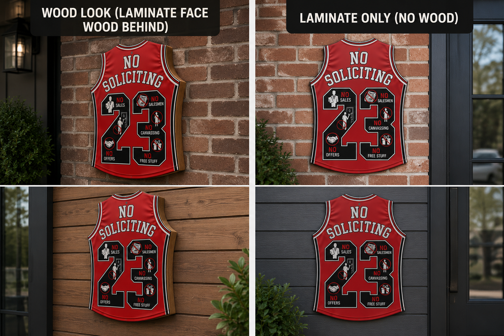 No Soliciting Jersey Sign 19x13in | Laminated Wooden Door Sign | Weather Sealed Sports Style Wall Decor | Cut Out Jersey Sign