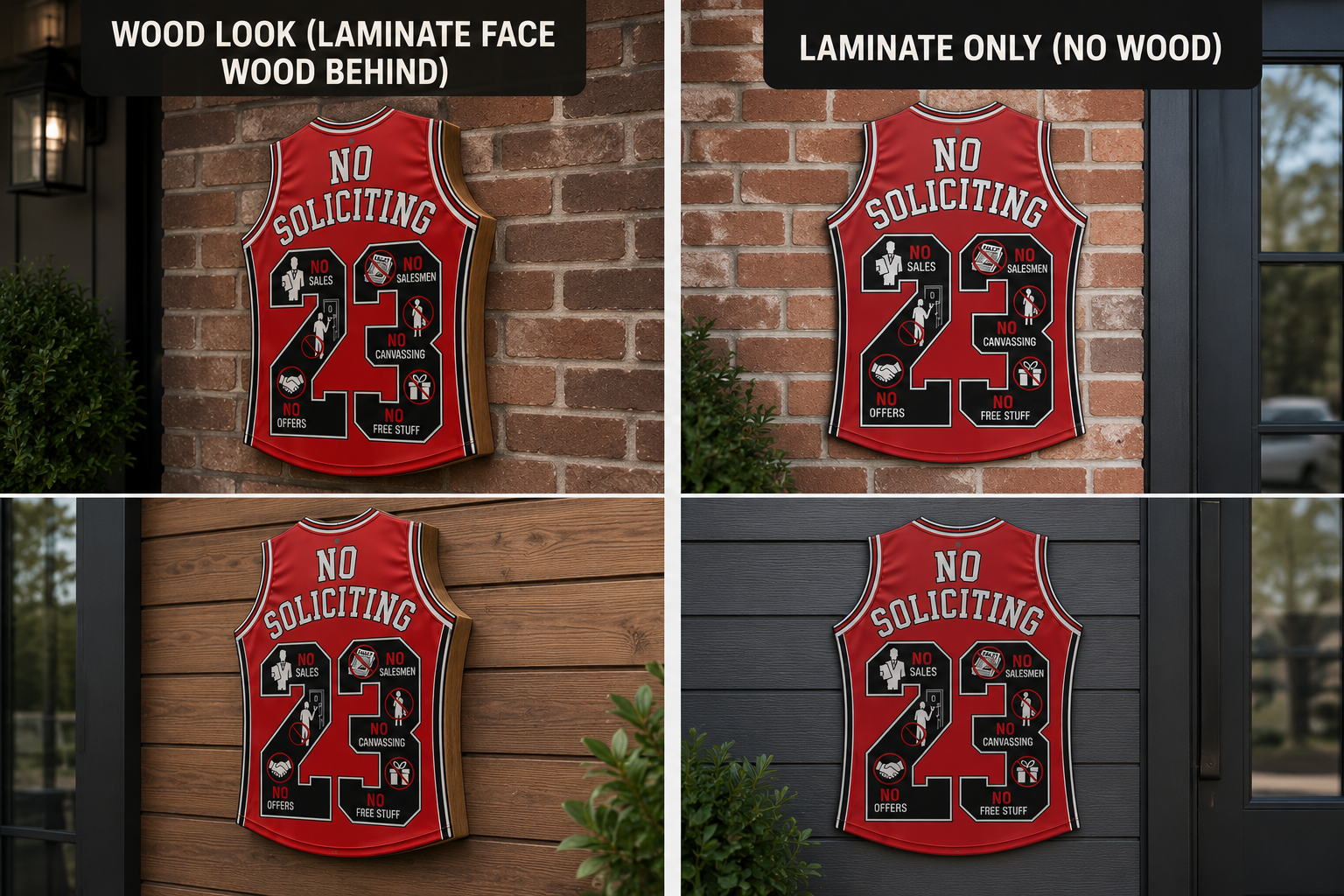 No Soliciting Jersey Sign 19x13in | Laminated Wooden Door Sign | Weather Sealed Sports Style Wall Decor | Cut Out Jersey Sign