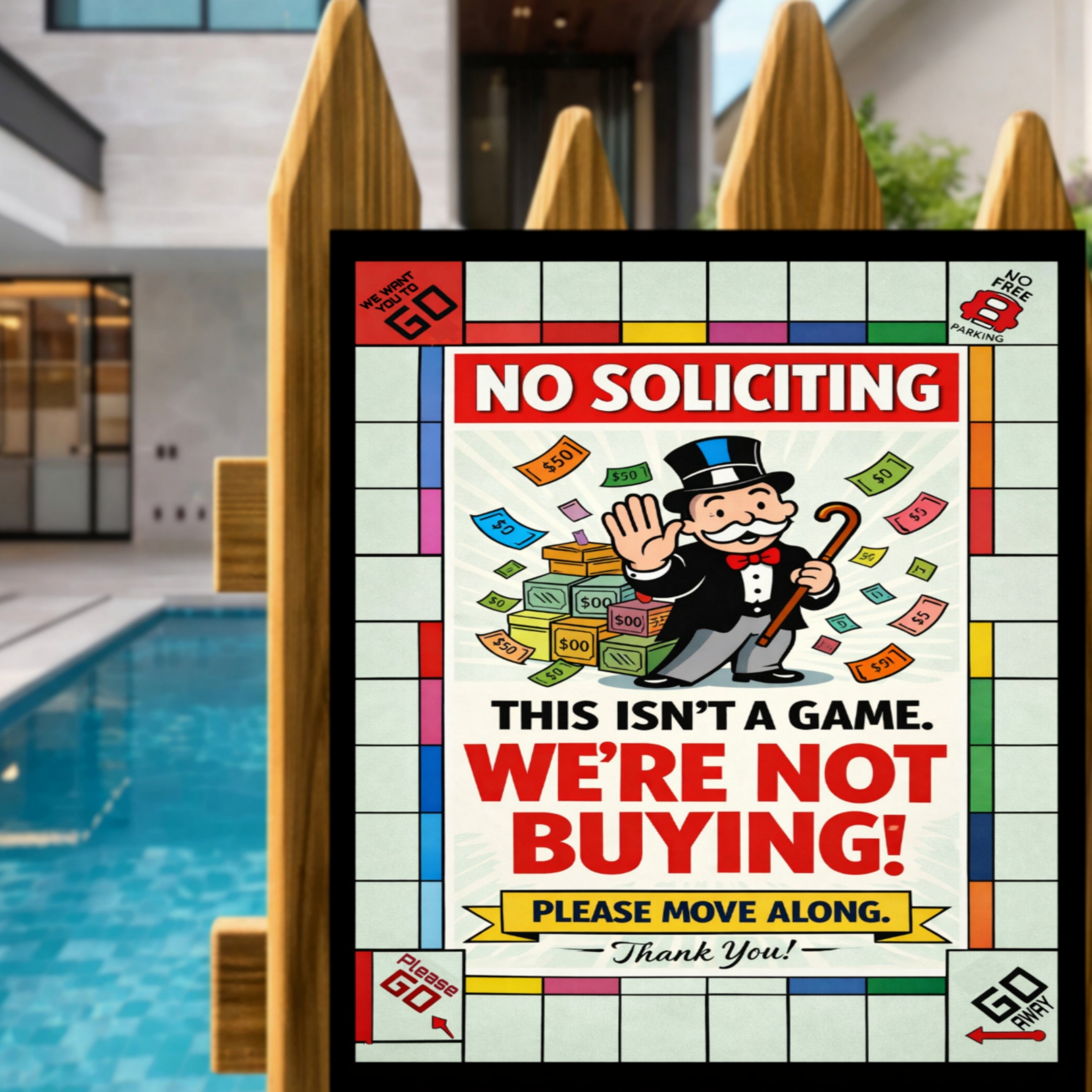 No Soliciting Monopoly Sign We’re Not Buying Please Move Along 13x19 Laminated Funny Door Sign No Salesmen Home Security Decor