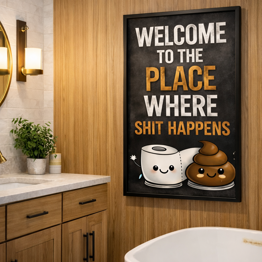 Funny Bathroom Sign Where Shit Happens Humor Wall Art 13x19 Laminated Bathroom Decor Toilet Humor Sign