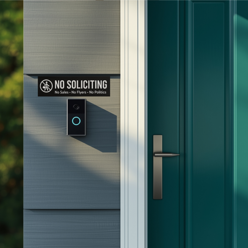 No Soliciting Sign Modern Door Sign  4x6in Laminated Aluminum Backing backing Home Security Warning Sign Minimalist Decor