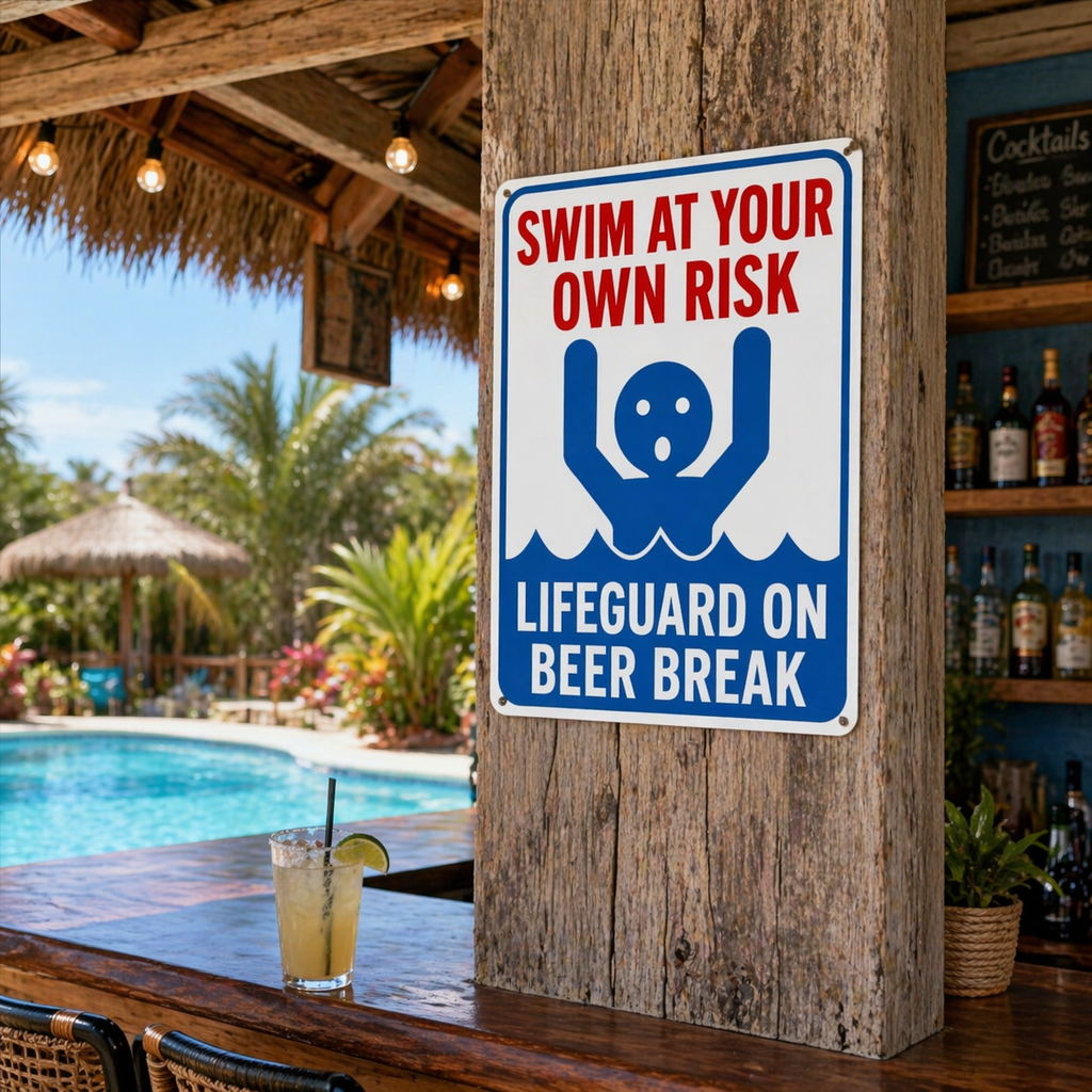 Swim At Your Own Risk Lifeguard On Beer Break Funny Pool Sign 13x19 Laminated Pool Decor Backyard Pool Rules Sign