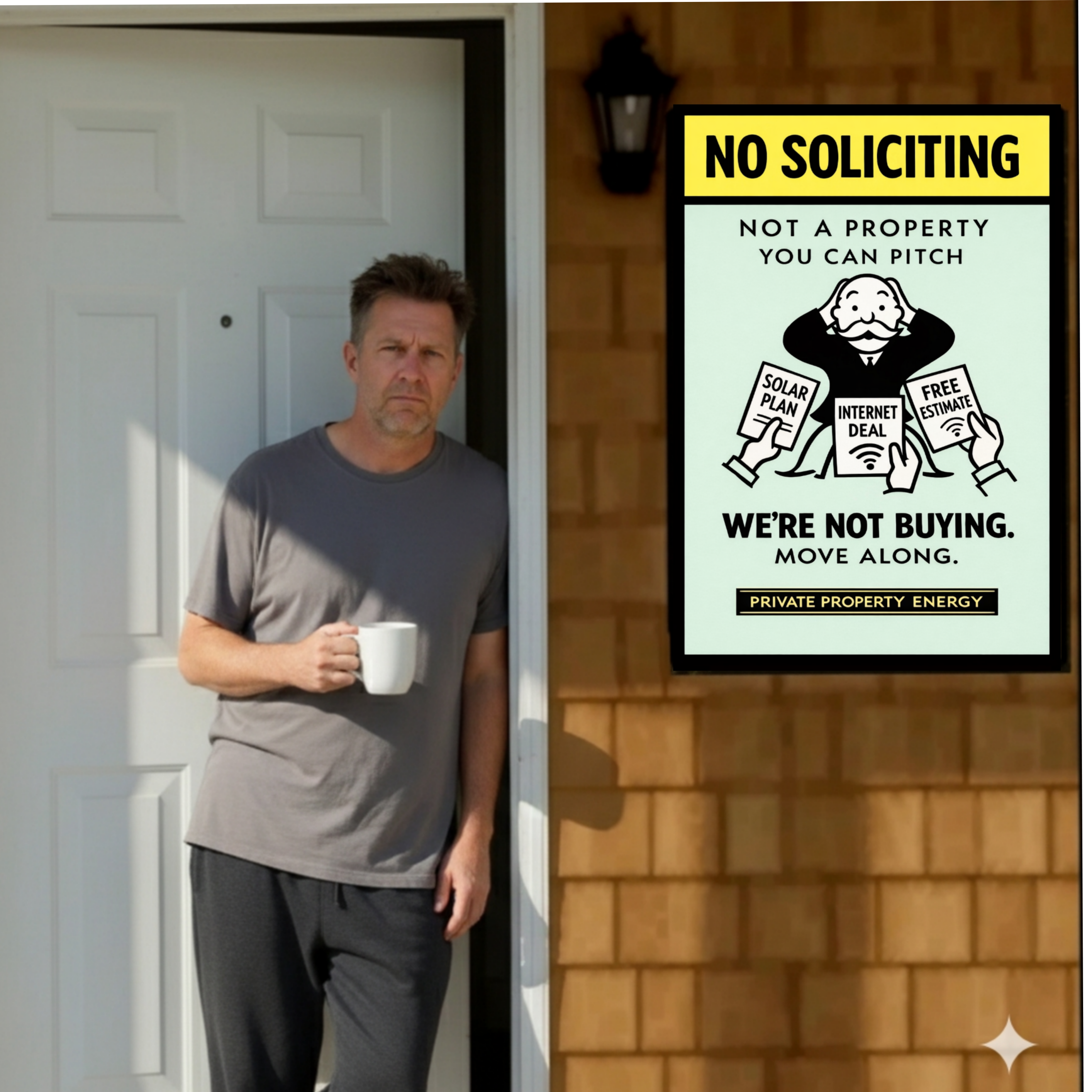 No Soliciting We’re Not Buying Sign Funny Door Sign Salesman Warning Sign 13x19 Laminated Home Protection Decor