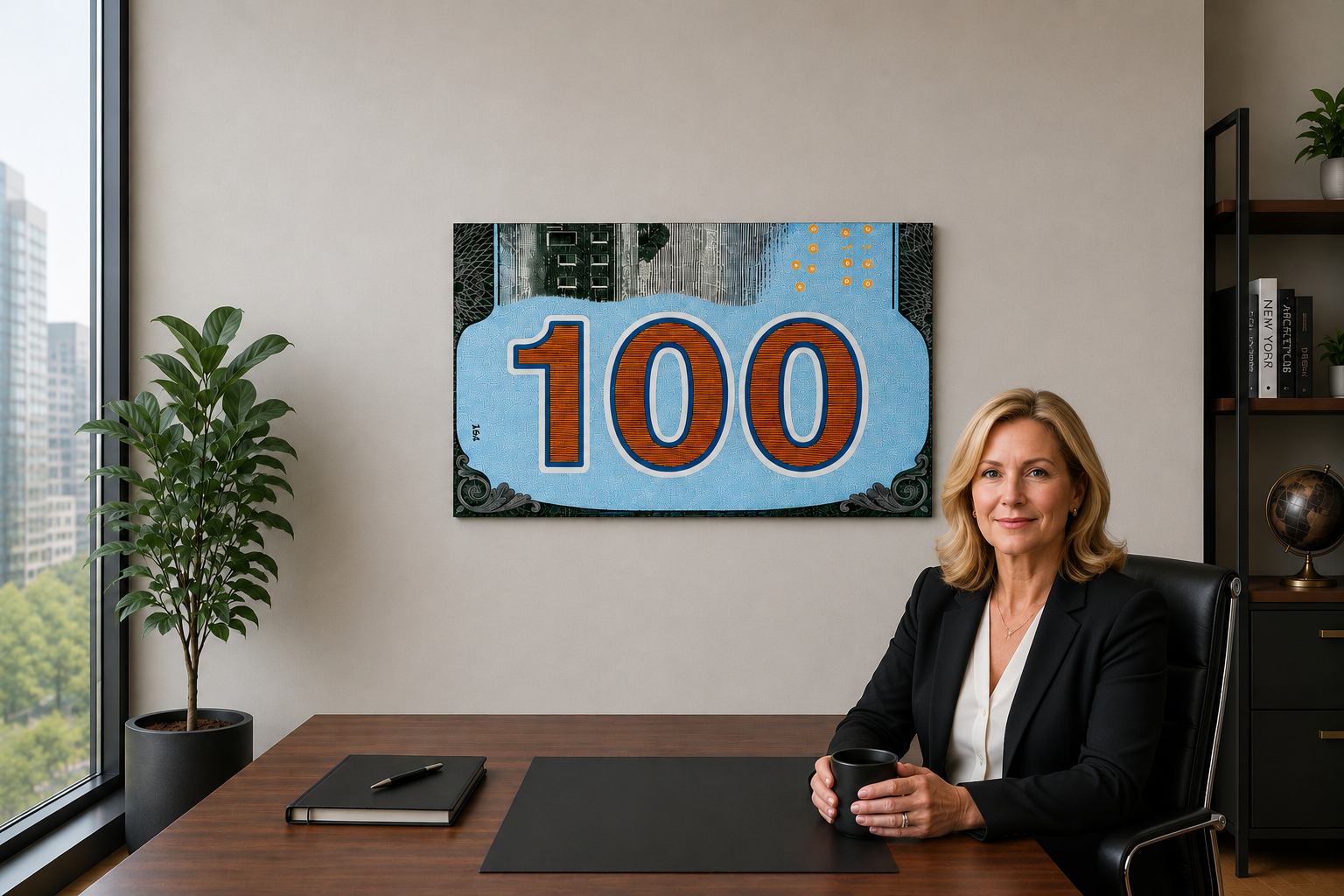 Turquoise 100 Dollar Bill Wall Art | Glossy 19x13 Money Print | Wooden Back Hanging Decor | Modern Office & Man Cave Wall Decor