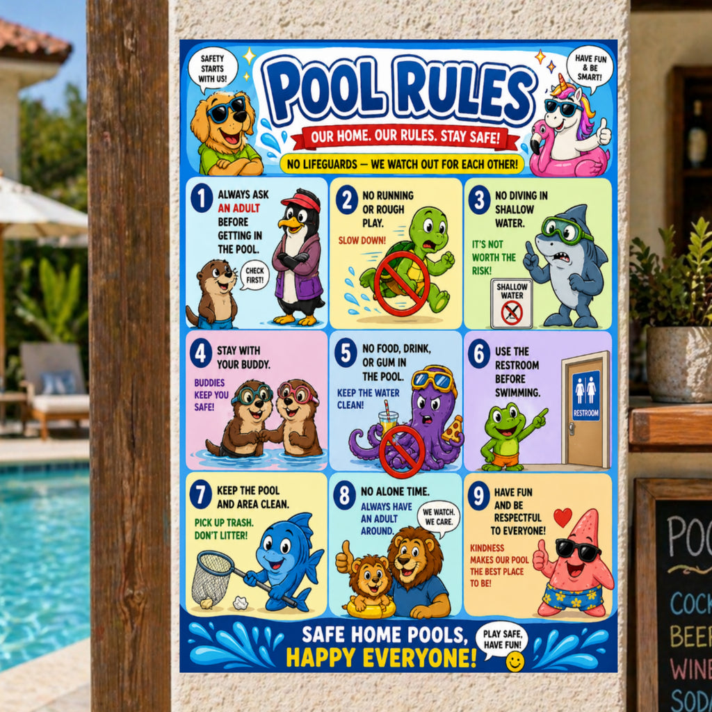 Kids Pool Rules Sign 13x19 Laminated Pool Safety Poster Cartoon Swimming Rules Decor Backyard Family Pool Wall Art