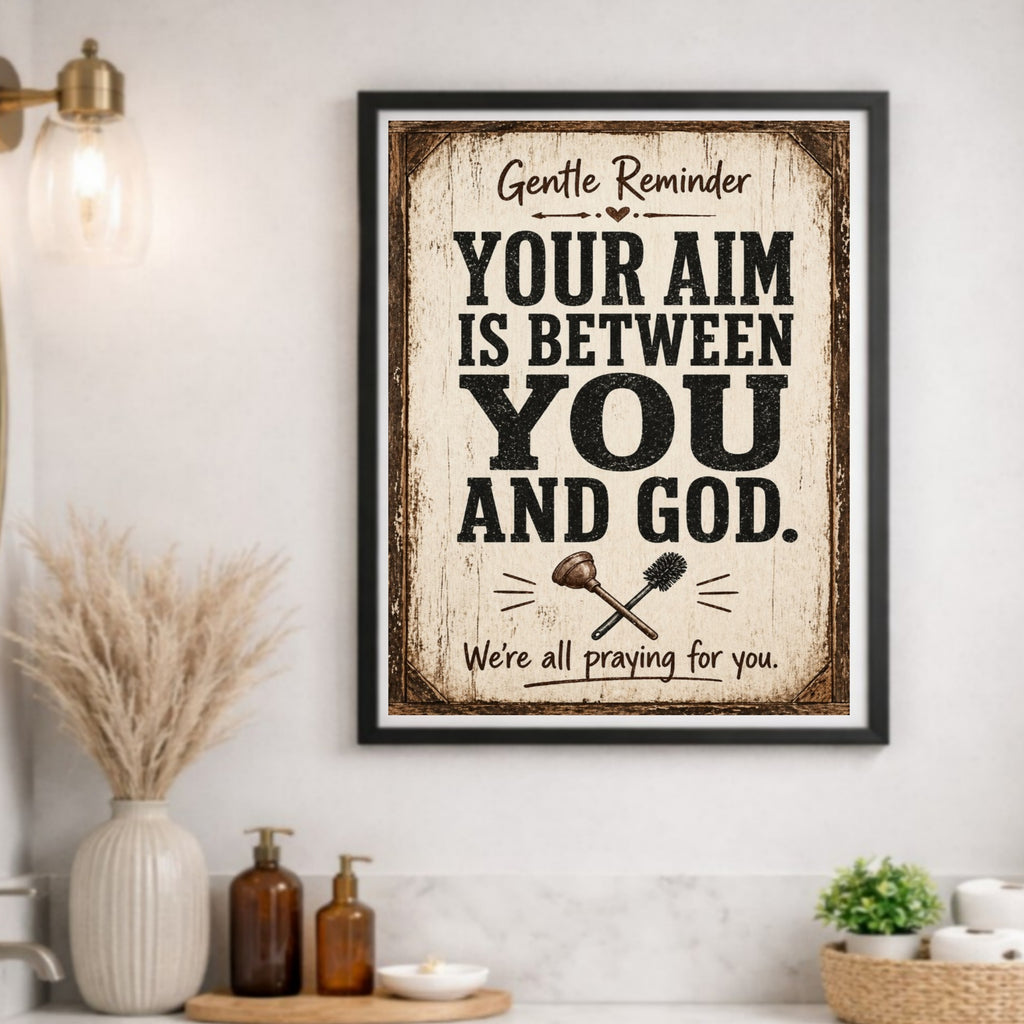 Funny Bathroom Sign – "Your Aim Is Between You And God" | 13x19 Laminated Rustic Farmhouse Wall Art