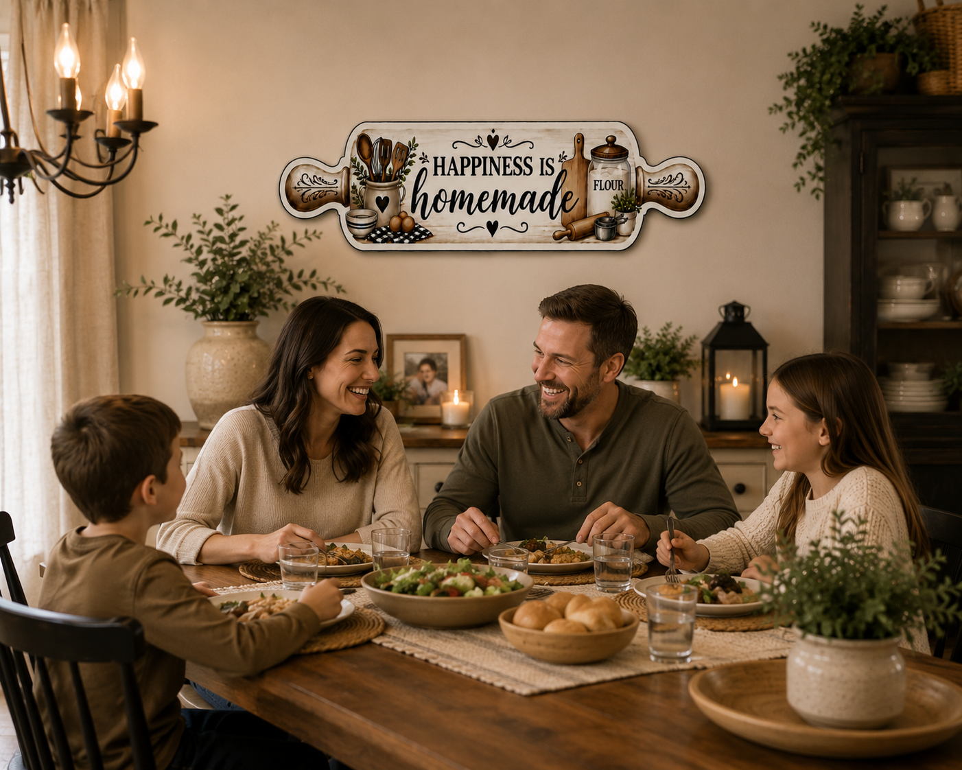 Real Wood Rolling Pin Kitchen Sign | Farmhouse Kitchen Decor | Handmade Rustic Wall Hanging | Happiness Is Homemade Sign