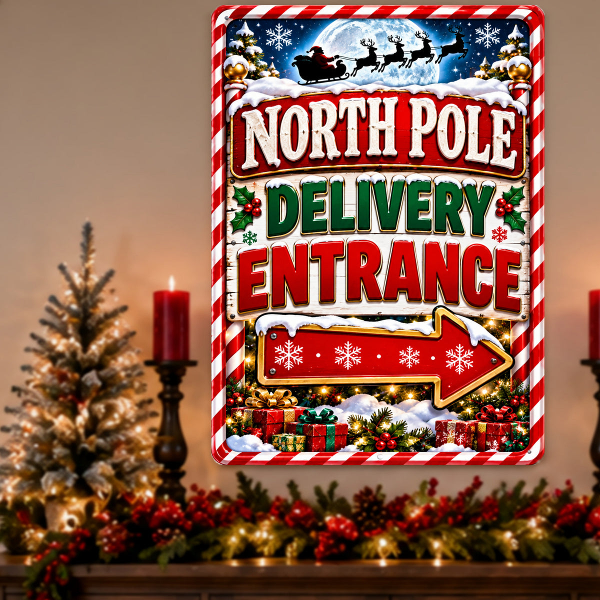 North Pole Delivery Entrance Sign, 13x19 Laminated Santa Christmas Holiday Decor