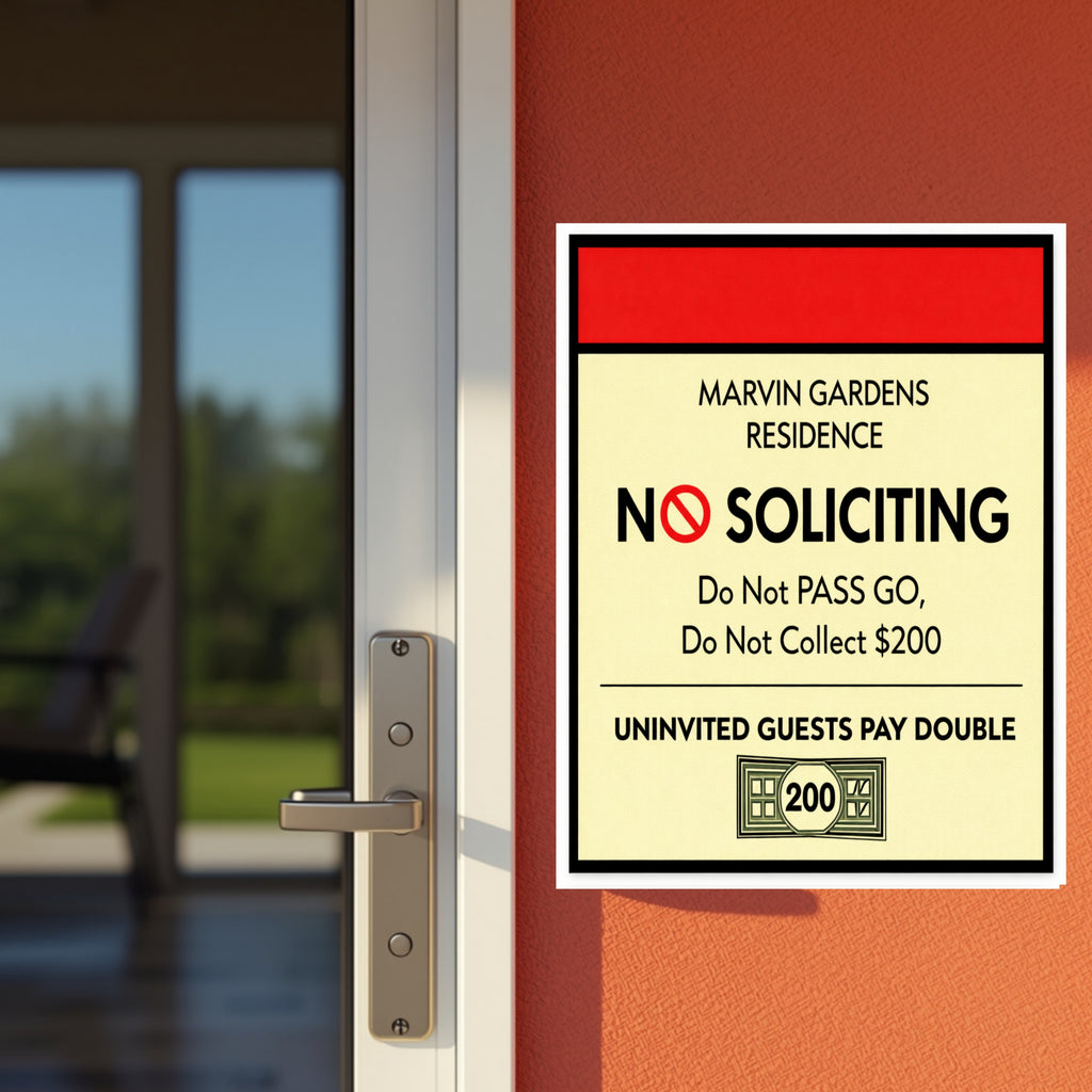 Marvin Gardens No Soliciting Sign – Monopoly Style Door Sign | “Do Not Pass Go, Do Not Collect $200” | Funny Entry Sign