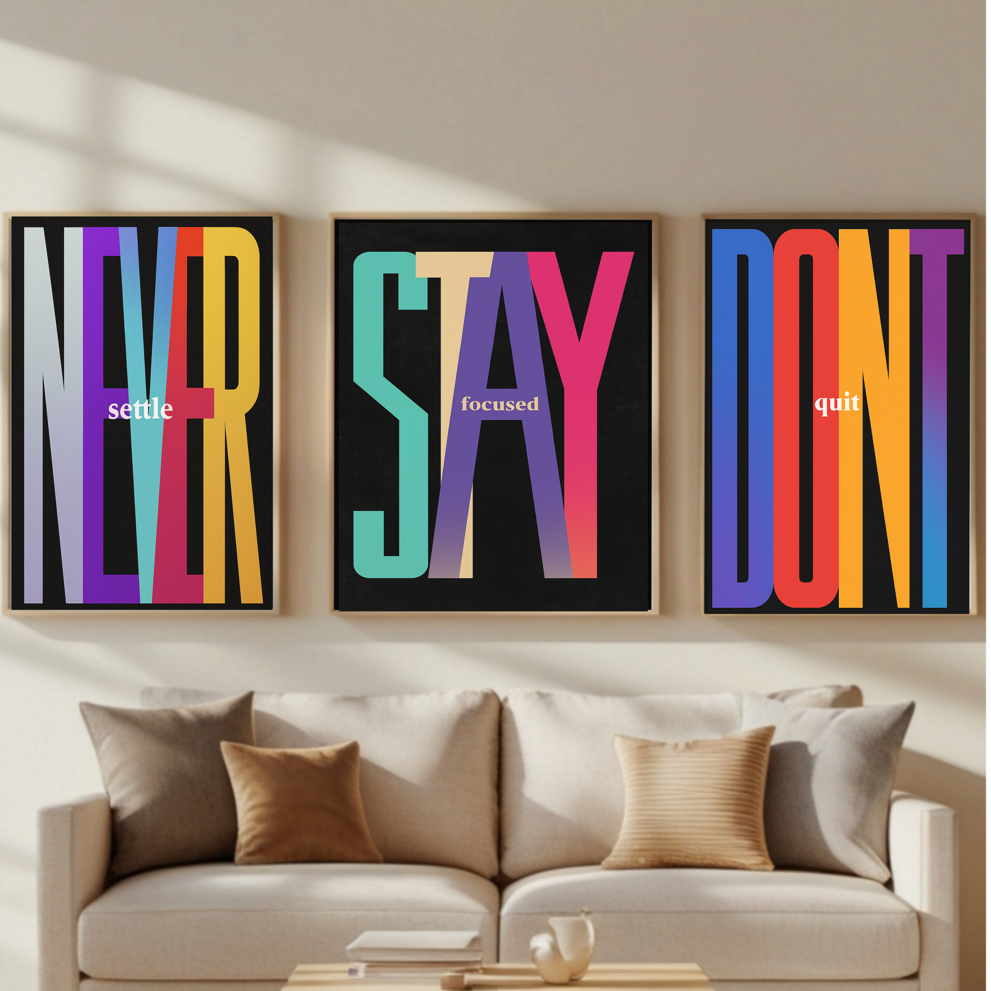 Never Settle Stay Focused Don’t Quit Wall Art Set Colorful Motivational Typography Prints 13x19 Laminated