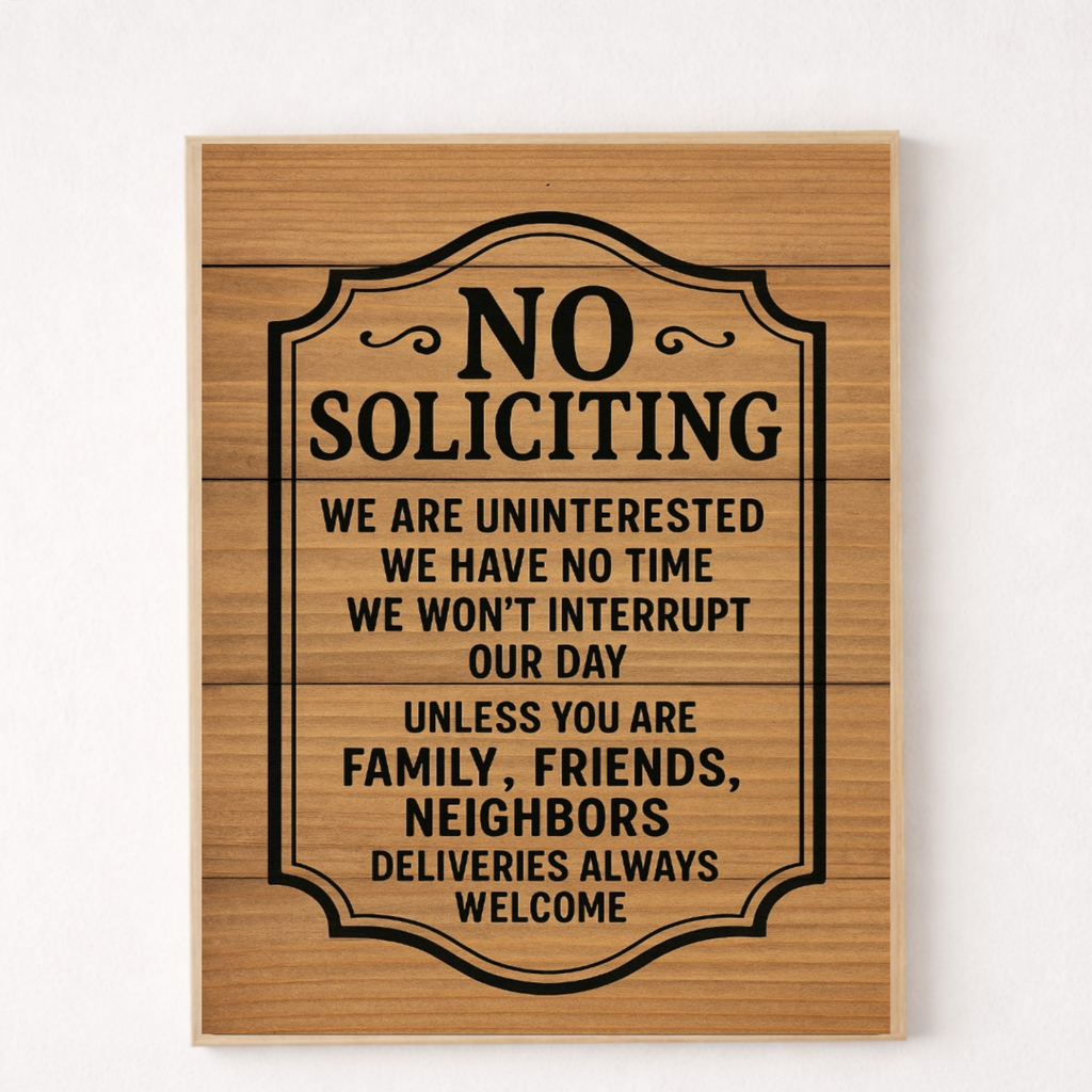 No Soliciting Door Sign – Laminated or Framed Front Door Warning | Rustic Wood Style Home Entry Sign