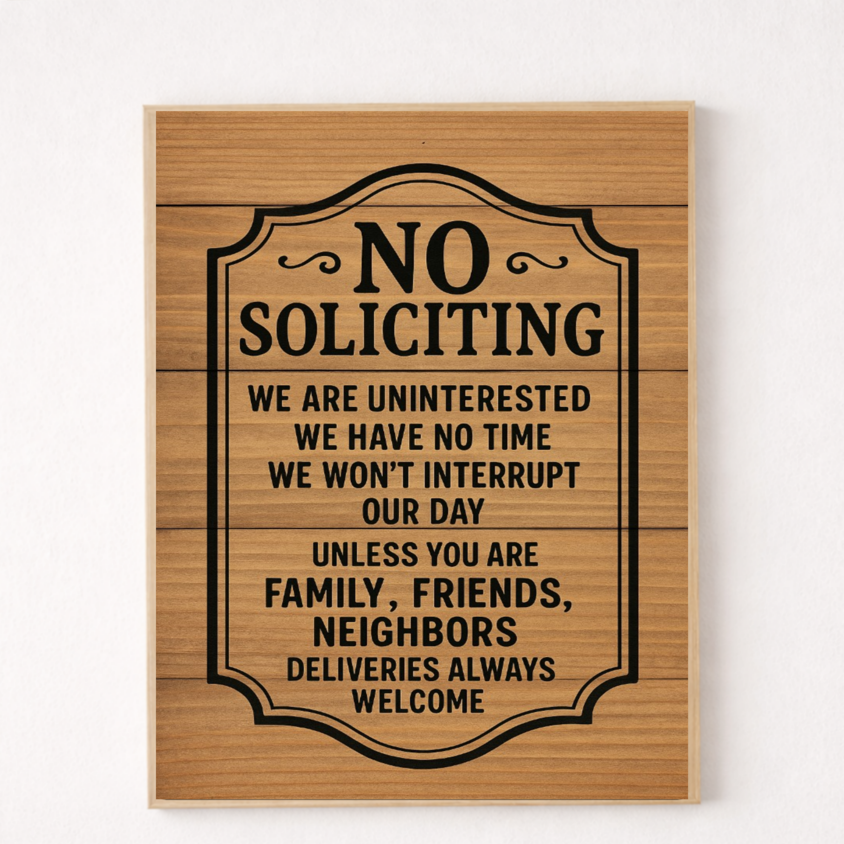 No Soliciting Door Sign – Laminated or Framed Front Door Warning | Rustic Wood Style Home Entry Sign