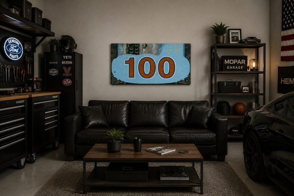 Turquoise 100 Dollar Bill Wall Art | Glossy 19x13 Money Print | Wooden Back Hanging Decor | Modern Office & Man Cave Wall Decor
