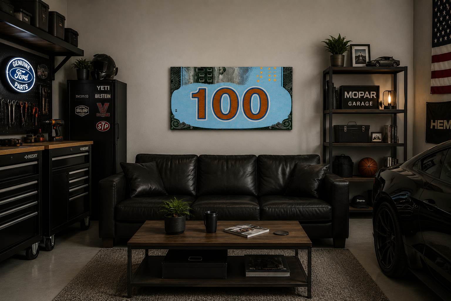 Turquoise 100 Dollar Bill Wall Art | Glossy 19x13 Money Print | Wooden Back Hanging Decor | Modern Office & Man Cave Wall Decor