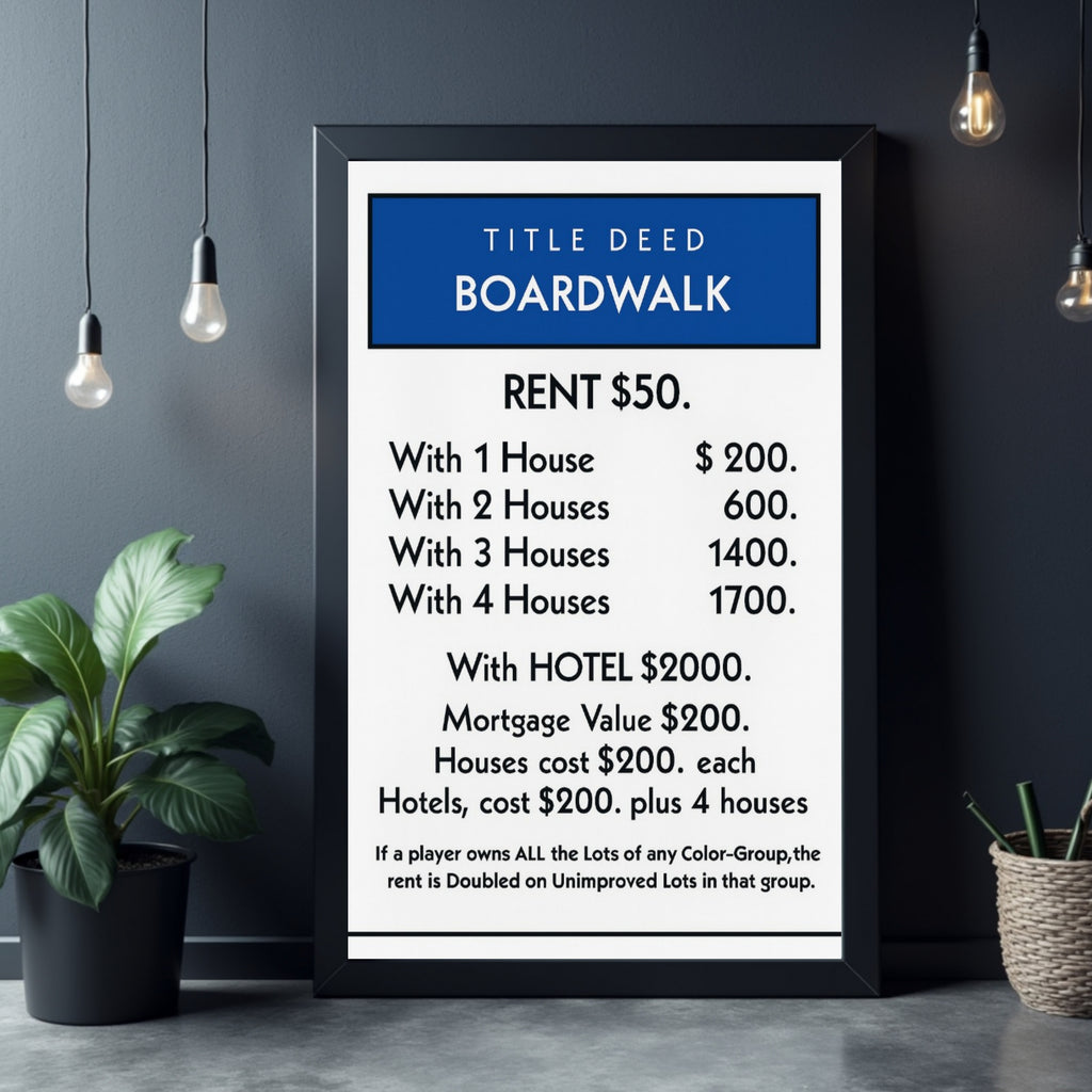 Boardwalk Title Deed Monopoly Laminated Print– Classic Game Inspired Wall Art | 13x19 Laminated Print