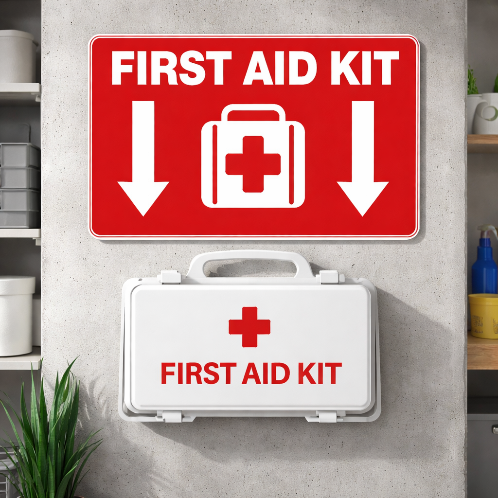 First Aid Kit Sign 12x12 – Emergency First Aid Location Sign, Safety Wall Sign, Laminated Front Aluminum Backing Weather Resistant
