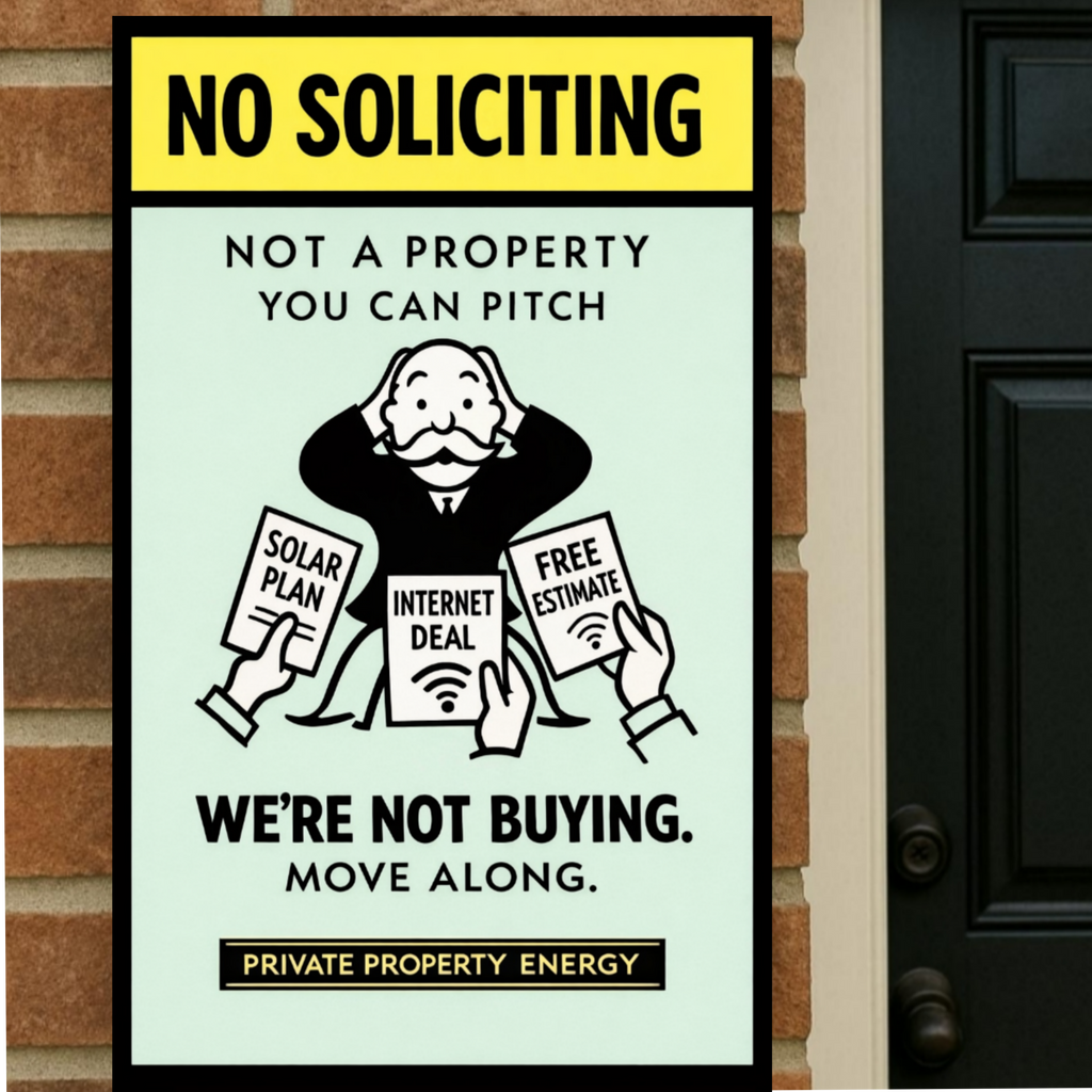 No Soliciting We’re Not Buying Sign Funny Door Sign Salesman Warning Sign 13x19 Laminated Home Protection Decor