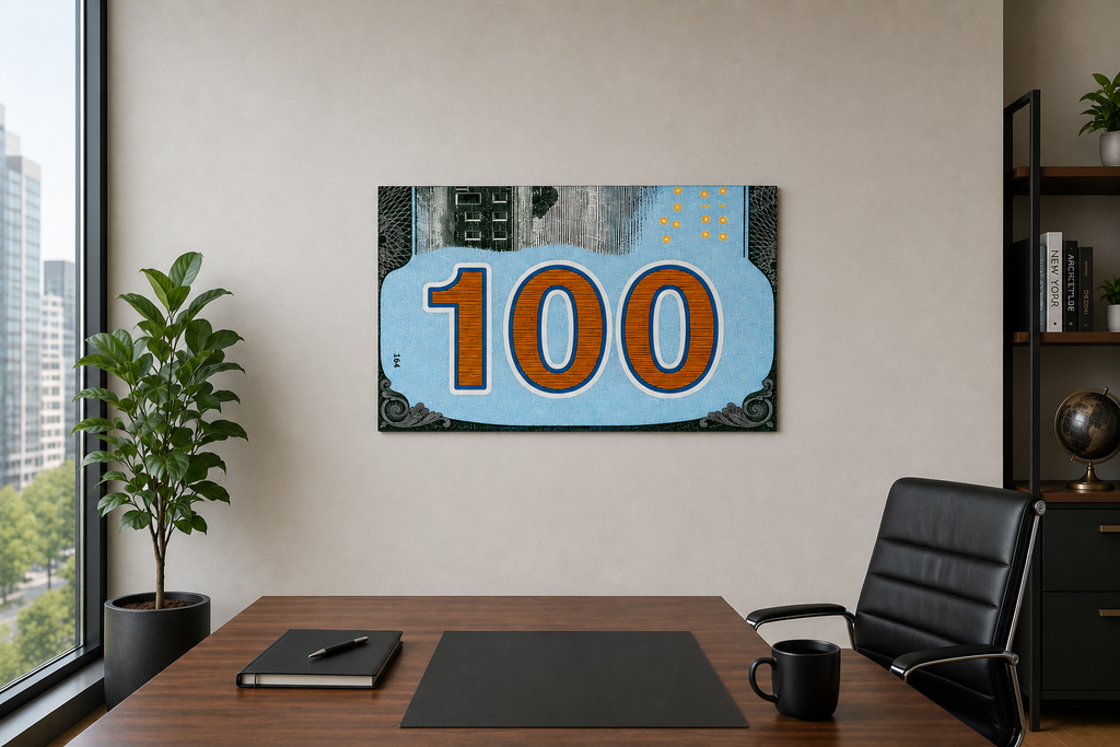 Turquoise 100 Dollar Bill Wall Art | Glossy 19x13 Money Print | Wooden Back Hanging Decor | Modern Office & Man Cave Wall Decor