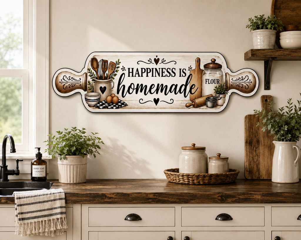 Real Wood Rolling Pin Kitchen Sign | Farmhouse Kitchen Decor | Handmade Rustic Wall Hanging | Happiness Is Homemade Sign